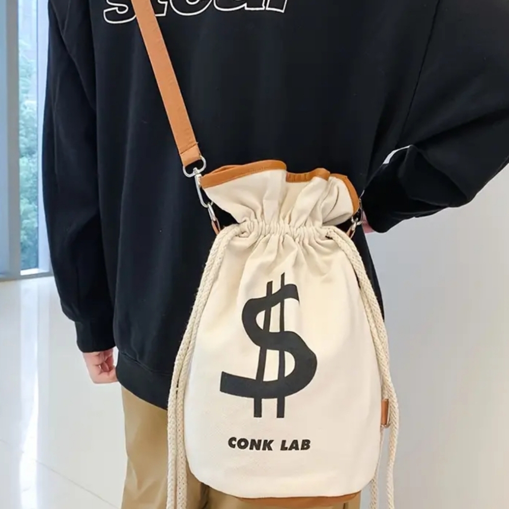 Cream Drawstring Backpack with Dollar Sign - Picture 2 of 4